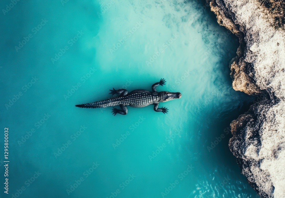 Fototapeta premium Aerial View of a Crocodile Swimming in Crystal Clear Water Surrounded by Rocky Shoreline Under Bright Sky in a Tropical Environment