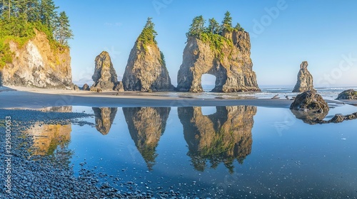 Coastal Rock Formations Reflecting in Calm Water at Dawn