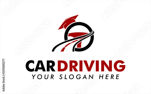 driving school logo vector illustration template with steering and road icon flat design