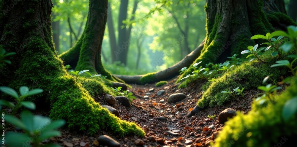 Naklejka premium Ancient forest floor with juniper and sandalwood roots, juniper, foliage