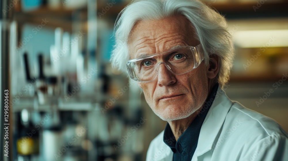 Senior Scientist with White Hair in Lab Coat and Safety Goggles, Posing Thoughtfully Amidst Laboratory Equipment and Chemicals in Bright Environment Senior Scientist with White Hair in Lab Coat and Safety Goggles, Posing Thoughtfully Amidst Laboratory Equipment and Chemicals in Bright Environment