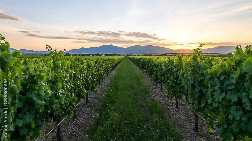 Obraz premium Lush Green Vineyard Under Scenic Sunset with Majestic Mountains in Background : Generative AI