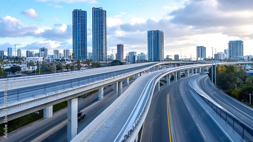 Skyline of Modern High Rises with Freeway Overpass and Bright Cloudy Sky in Urban Setting : Generative AI