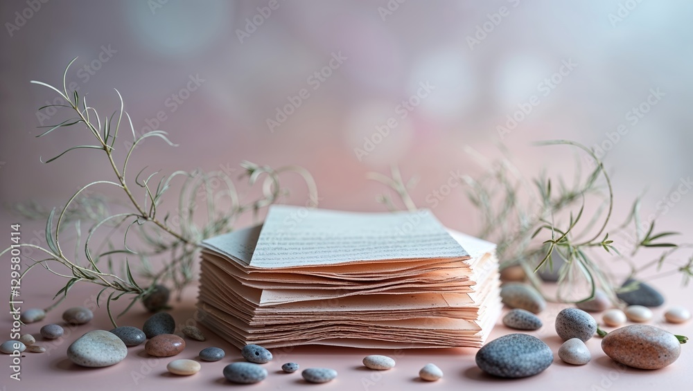 Papers arranged with small stones and greenery create a tranquil composition in soft light Papers arranged with small stones and greenery create a tranquil composition in soft light