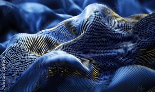Blue metallic mesh fabric folds, dynamic backdrop, futuristic tech design