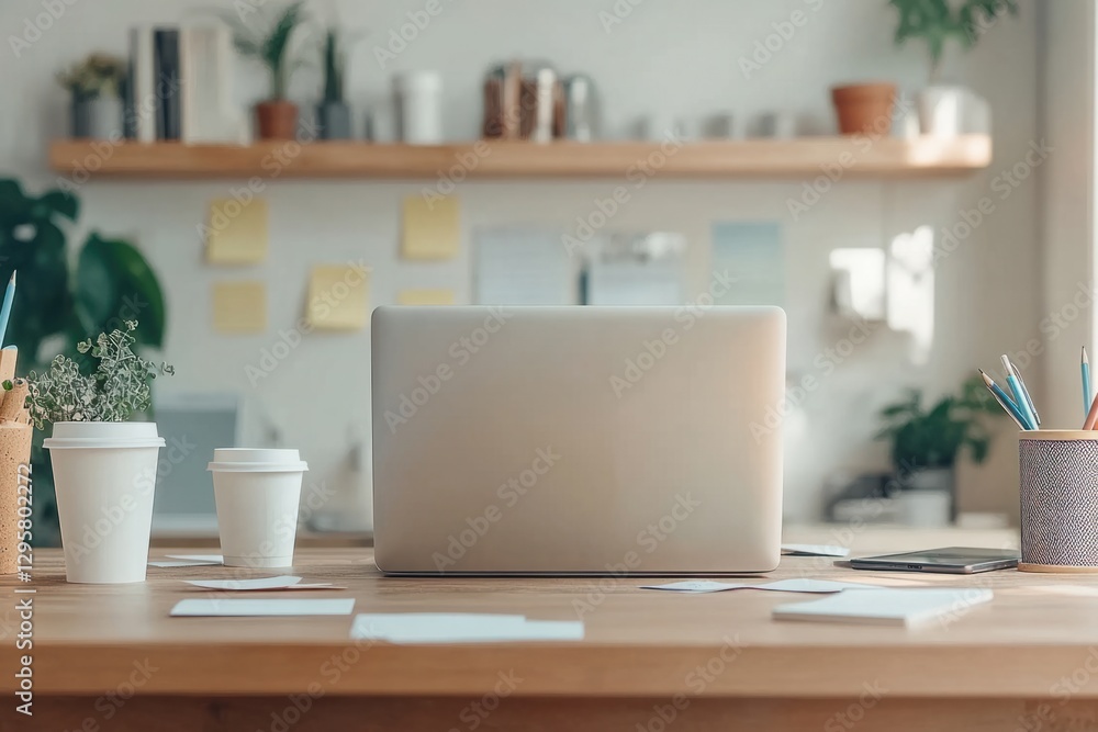 Workspace with laptop and coffee cups on wooden desk filled with stationery and plants in bright indoor environment Workspace with laptop and coffee cups on wooden desk filled with stationery and plants in bright indoor environment