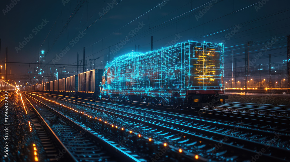Obraz premium Holographic representation of a global logistics network on a train, railway, highlighting advanced transportation technology and worldwide cargo connections. banner, mock up, copy space