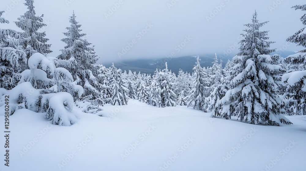 Naklejka premium Snowy winter landscape with evergreen trees blanketed in fresh snow under cloudy sky : Generative AI