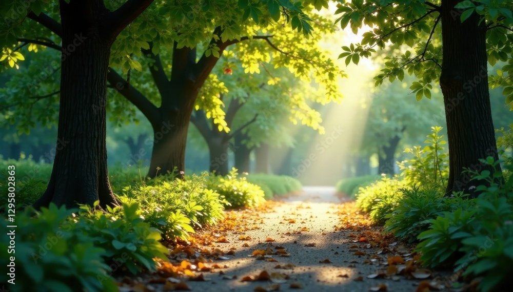 Naklejka premium Deep shadows, sunlight filtering through leaves, botanical, dark