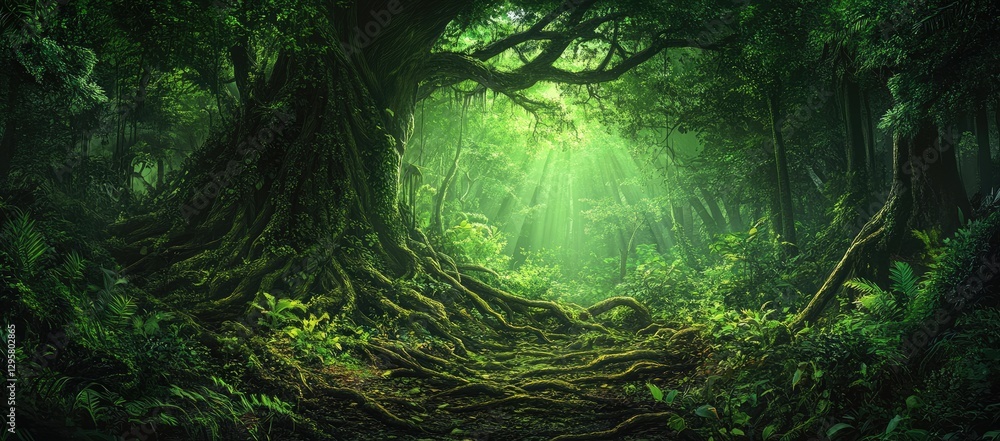 Obraz premium Lush Jungle Path, Sunlight Beams Through Canopy