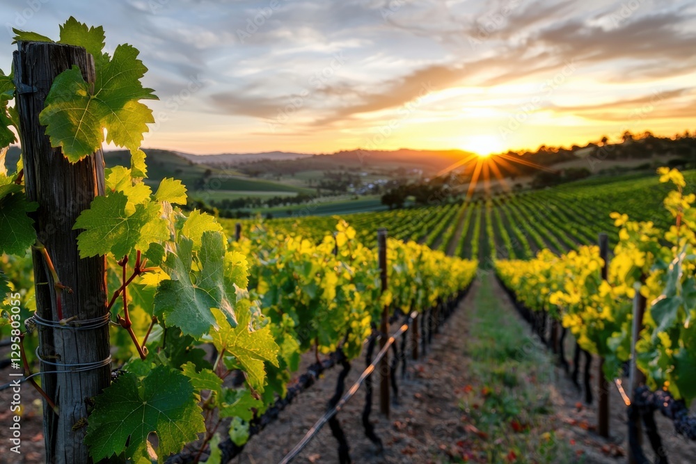 Naklejka premium Lush vineyard bathed in golden evening light, rolling grapevines stretching across the valley, warm and rustic scenery