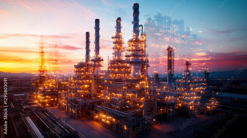 Fototapeta premium Large industrial refinery plant with storage tanks and pipe systems in a clear blue sky