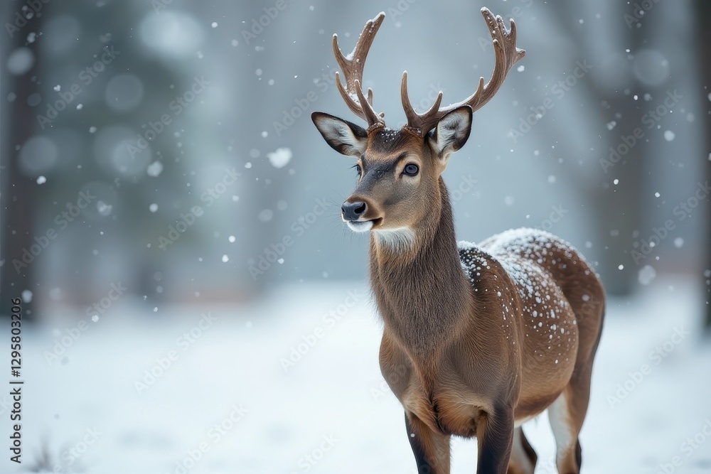 A Majestic Deer in a Winter Wonderland, Snowflakes Gently Falling on its Antlers and Coat A Majestic Deer in a Winter Wonderland, Snowflakes Gently Falling on its Antlers and Coat