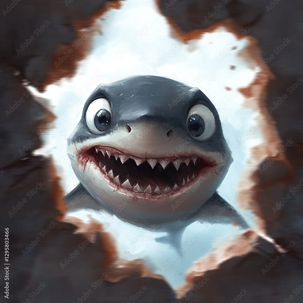 A cartoon shark peeking out of a hole in a wall A cartoon shark peeking out of a hole in a wall