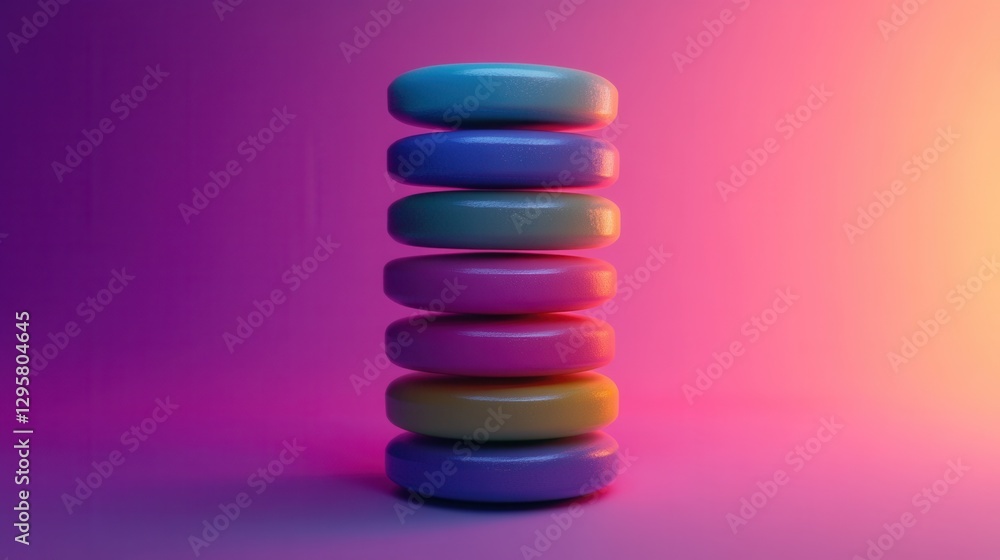 Colorful Stack of Geometric Discs on a Vibrant Background with a Soft Gradient and Artistic Lighting Colorful Stack of Geometric Discs on a Vibrant Background with a Soft Gradient and Artistic Lighting