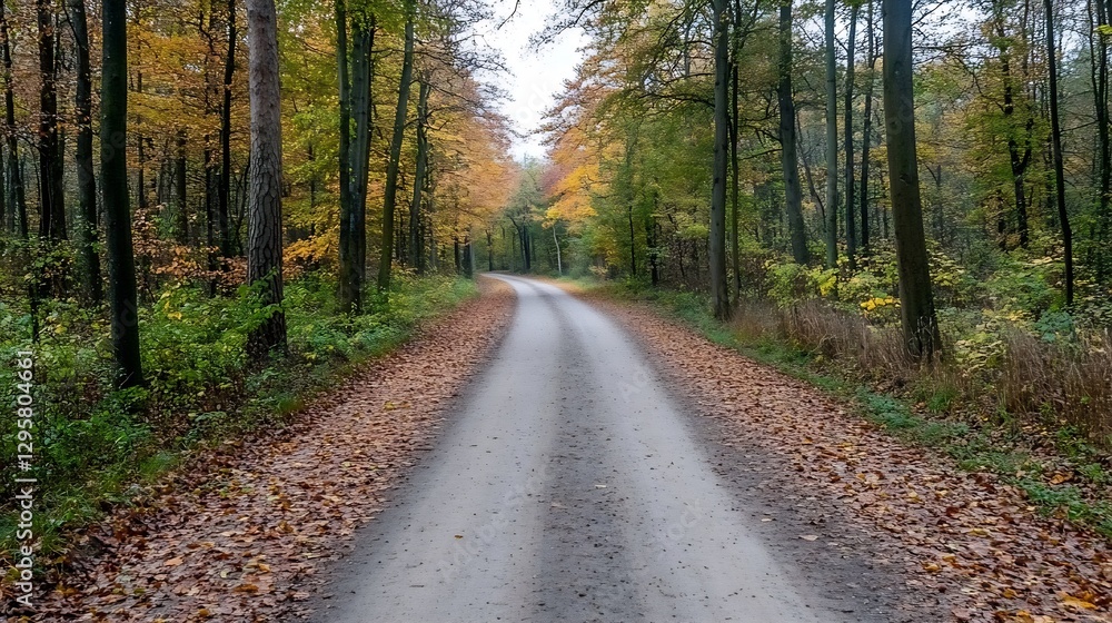 Autumn Scene of Serene Dirt Road Surrounded by Trees with Fallen Leaves in a Tranquil Forest : Generative AI Autumn Scene of Serene Dirt Road Surrounded by Trees with Fallen Leaves in a Tranquil Forest : Generative AI