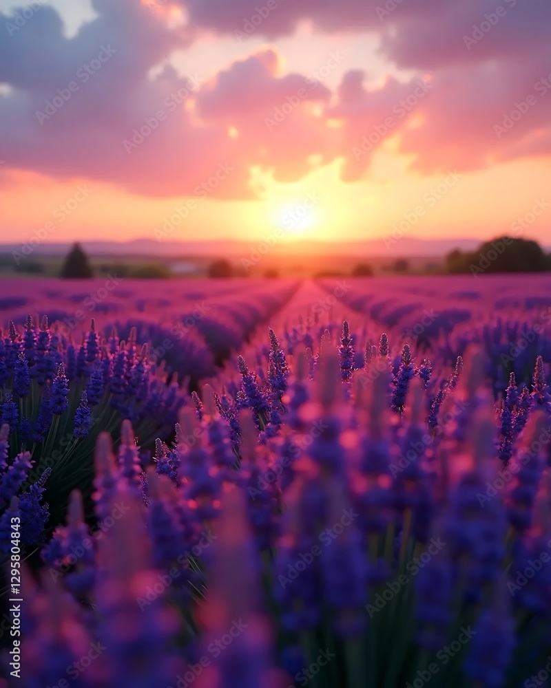 Fototapeta premium Sunset Lavender Field: Purple Flowers at Golden Hour