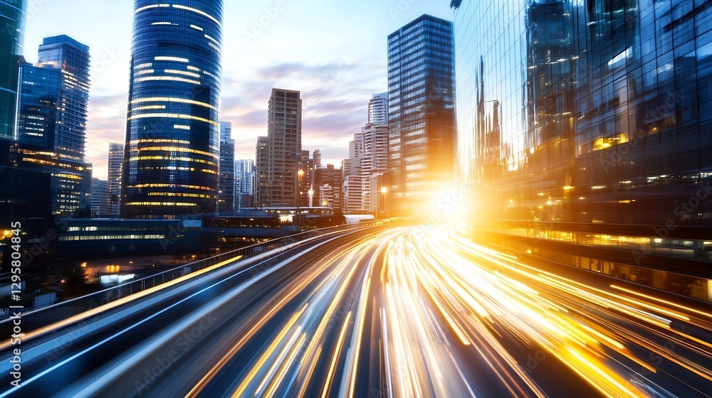 Dynamic City Skyline at Sunset with Blurred Motion of Traffic Lights : Generative AI Dynamic City Skyline at Sunset with Blurred Motion of Traffic Lights : Generative AI