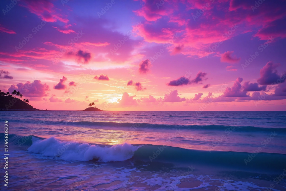 Naklejka premium Sunset over ocean pink purple blue sky island waves