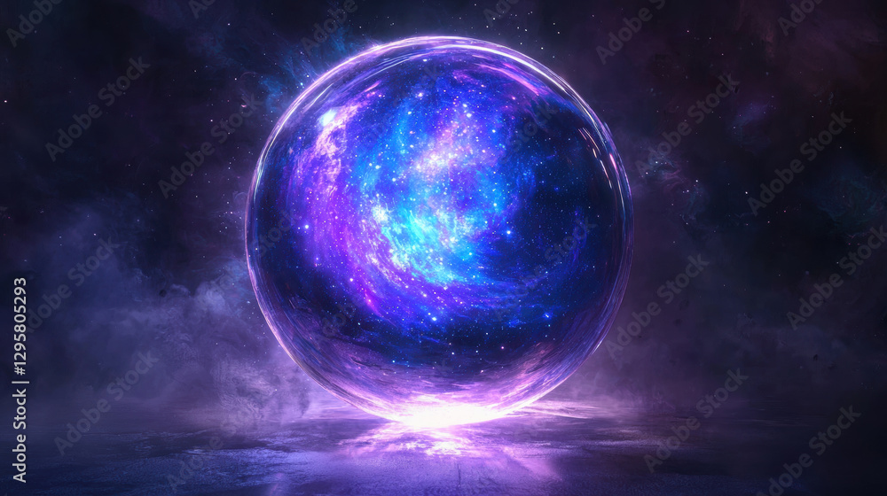 Fototapeta premium An ancient magic sphere with a glowing galaxy inside, soft blue and purple light illuminating the surroundings, deep space fantasy theme