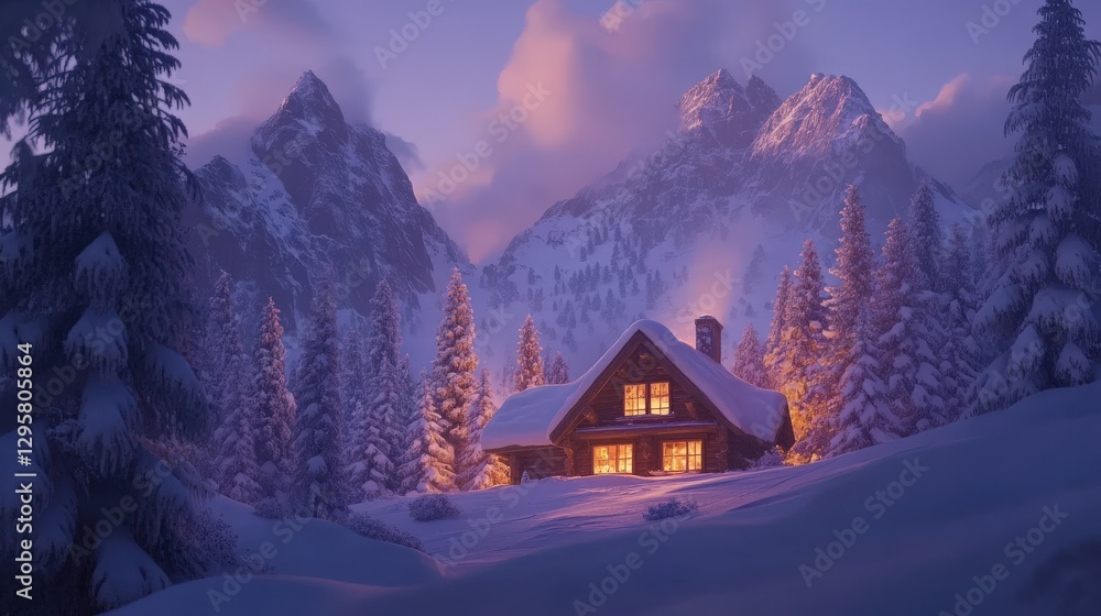Fototapeta premium Cozy Cabin Nestled in Snowy Mountain Winter Wonderland