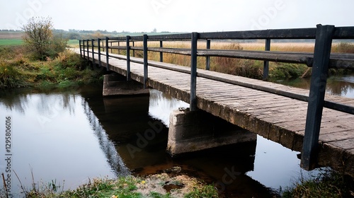 Wallpaper Mural Rustic wooden bridge over water surrounded by serene natural landscapes under a cloudy sky : Generative AI Torontodigital.ca