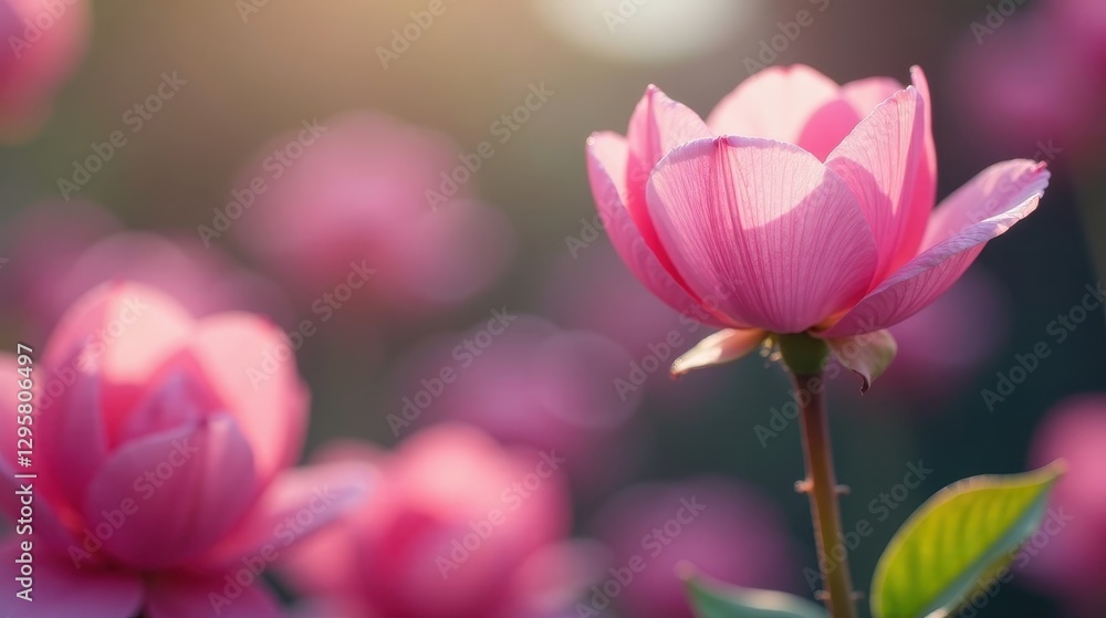 Fototapeta premium Delicate Pink Blossom in Soft Sunlight, a Field of Similar Flowers Blurred in the Background, Evoking Feelings of Serenity and Tranquility