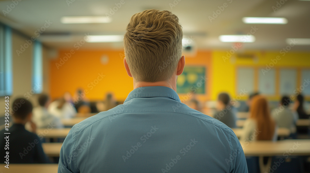 Back view of blond man giving a presentation to a diverse college class in a bright lecture hall Back view of blond man giving a presentation to a diverse college class in a bright lecture hall