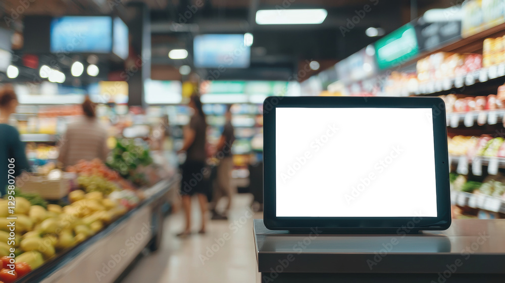 Blank digital screen mockup for advertisement, placed near the checkout counter in a modern supermarket, with visible shoppers in the blurred background Blank digital screen mockup for advertisement, placed near the checkout counter in a modern supermarket, with visible shoppers in the blurred background