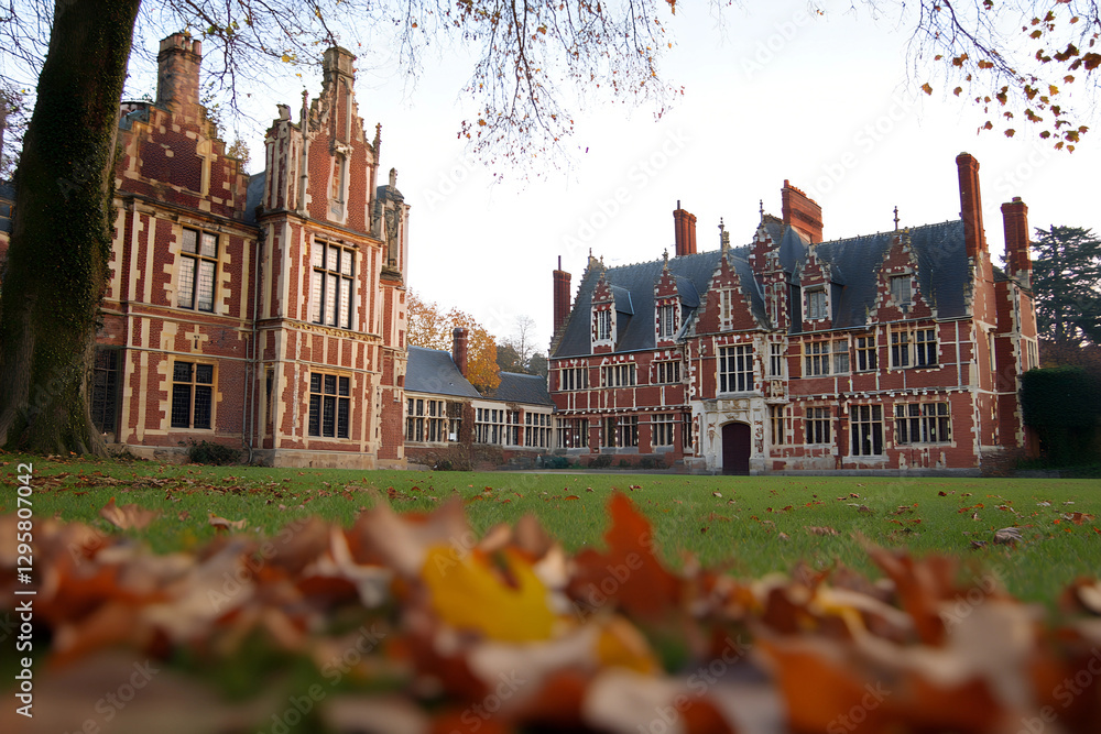 Obraz premium Historic Marquise Mansion Amidst Autumn Leaves and Dramatic Architecture