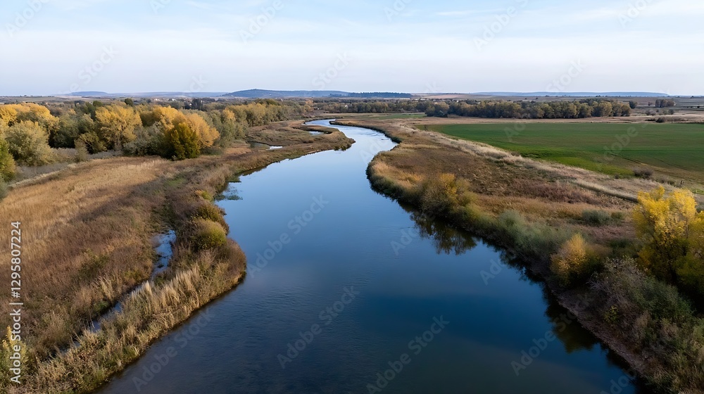 Serene River Landscape with Lush Greenery and Calm Waters in Wide Aerial View : Generative AI Serene River Landscape with Lush Greenery and Calm Waters in Wide Aerial View : Generative AI
