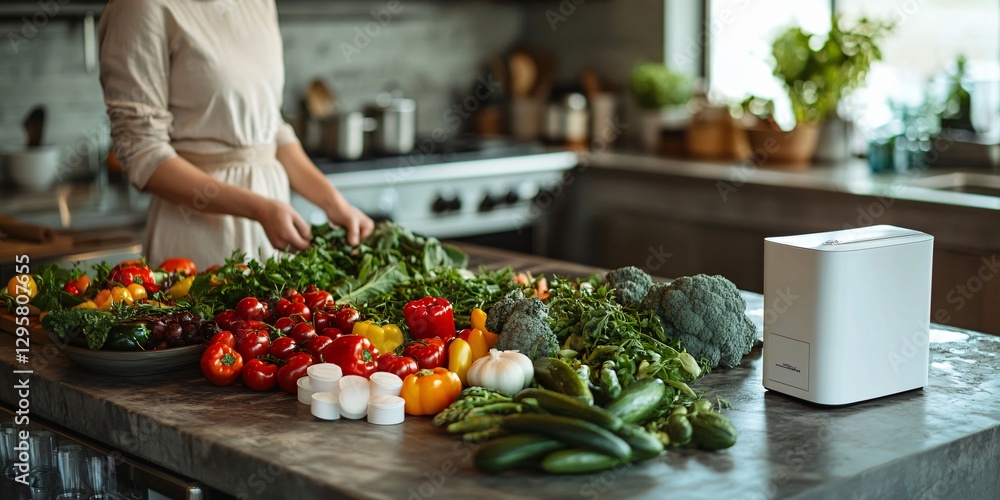 Obraz premium Fresh vegetables on the dining table in an open kitchen, embracing a green and healthy lifestyle.