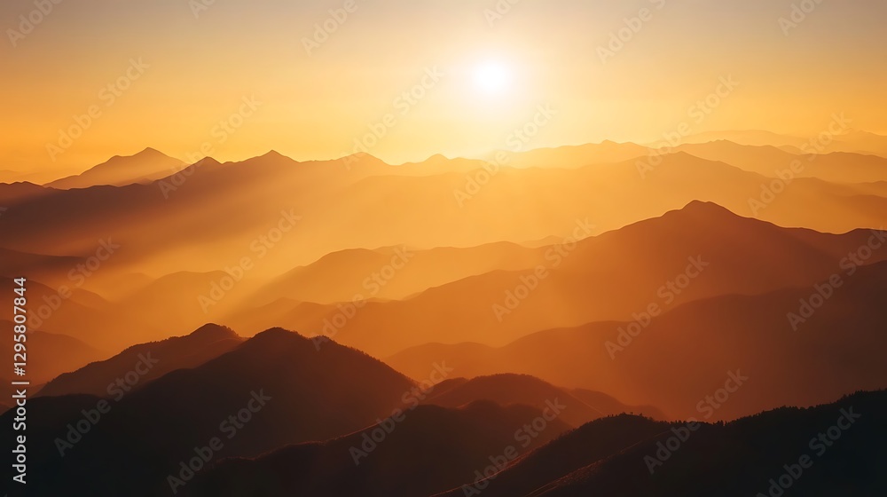 Fototapeta premium Golden Hues and Mountain Peaks Illuminate Across Beautiful Horizon