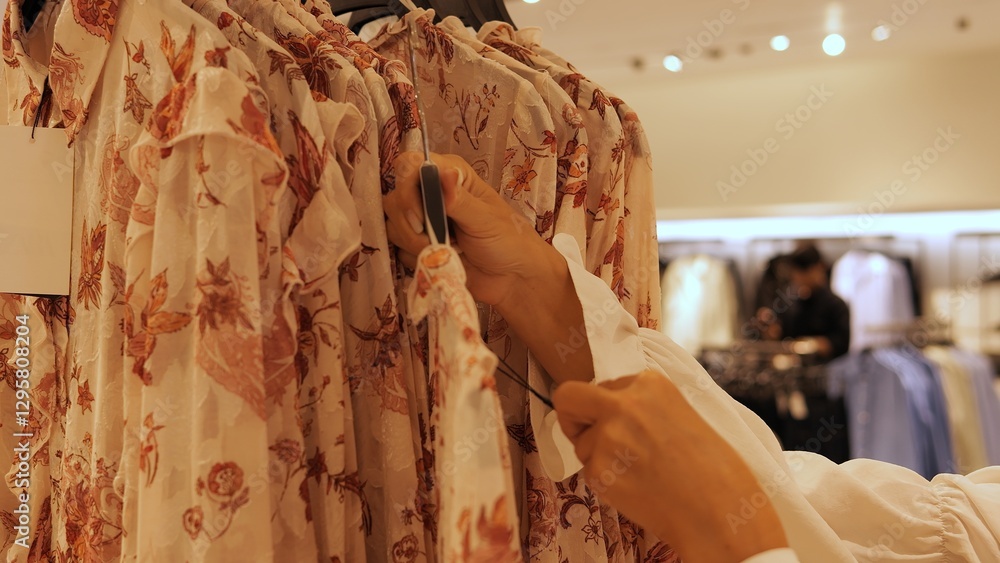 Obraz premium Woman examines tag on vibrant summer dress searching for perfect outfit Fashion inspires her choice highlighting trendy summer wardrobe Fashionable shopping experience reflects personal style