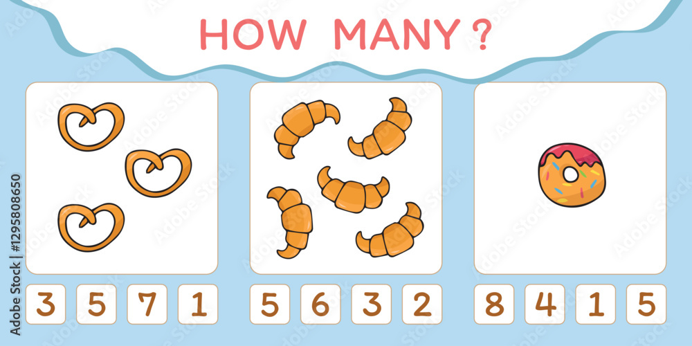 Fototapeta premium Child's play. A game for counting numbers. Numbers. cheerful math. puzzle. The development of the mogza. Games for children. Fun games. drawings of food at the game. vector. 