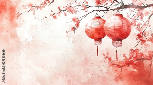 Red Lanterns and Cherry Blossoms: A traditional image of a red lantern hanging from a cherry blossom branch. The image evokes a sense of tranquility and celebration