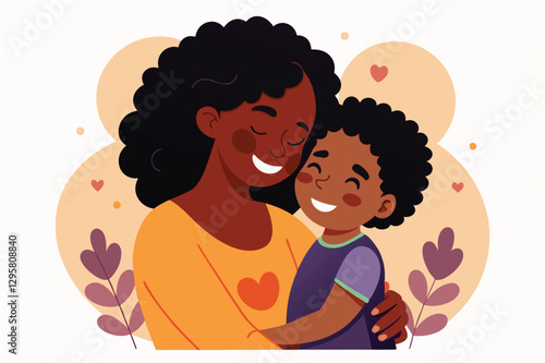 Loving embrace between a mother and child in a warm, colorful vector illustration reflecting joy and connection in a cozy setting