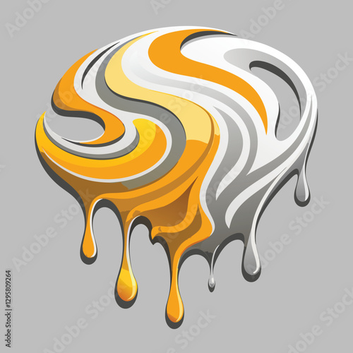 Modern design featuring swirling yellow and silver liquid shapes on a gray background creating a fluid, artistic effect
