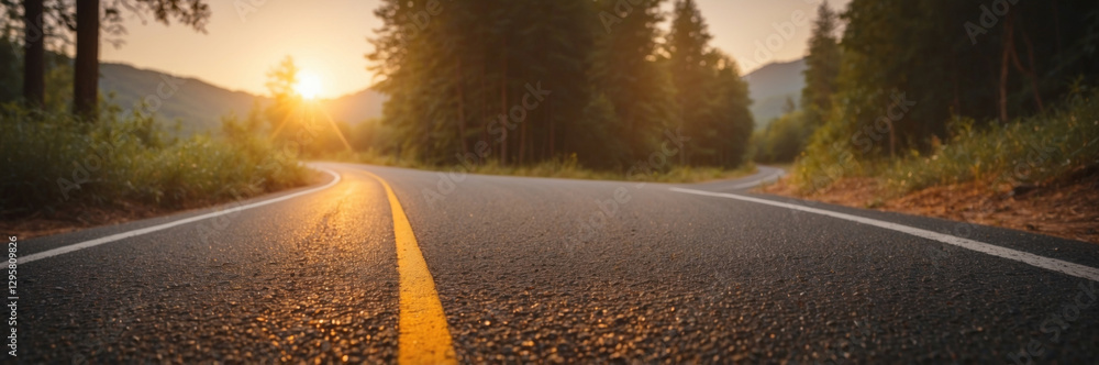 A winding road bathed in the warm glow of the sunrise cuts through a tranquil forest. A winding road bathed in the warm glow of the sunrise cuts through a tranquil forest.
