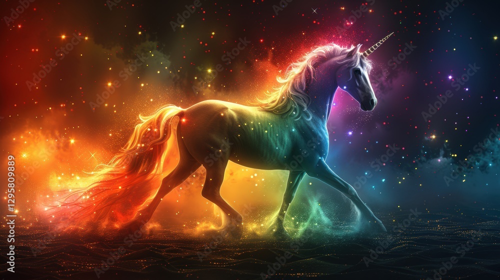 Fototapeta premium Radiant unicorn in vibrant fantasy nebula with colorful glowing aura