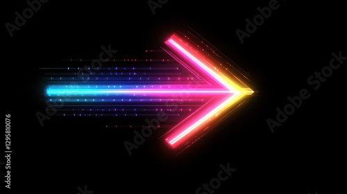 Upward pointing arrow made of vibrant glowing beams in colorful tones creating a dynamic sense of speed energy and forward motion on a sleek black background. Futuristic digital with a minimalist
