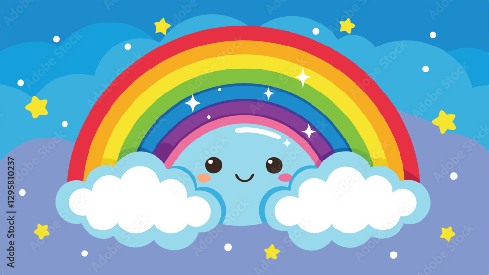Bright and cheerful illustration of a smiling cloud beneath a vibrant rainbow with sparkling stars against a blue sky background Bright and cheerful illustration of a smiling cloud beneath a vibrant rainbow with sparkling stars against a blue sky background