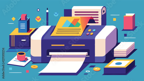 Colorful vector illustration of a printer in a creative workspace highlighting paper printing processes and office organization