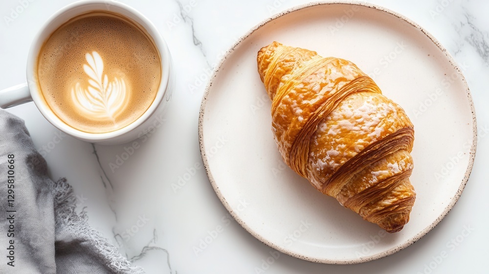 Golden-brown buttery croissant on a marble table alongside a coffee cup with latte art creating a cozy breakfast scene Golden-brown buttery croissant on a marble table alongside a coffee cup with latte art creating a cozy breakfast scene