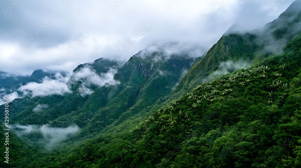 Obraz premium Misty Mountain Landscape with Lush Green Forests and Dramatic Cloud Cover : Generative AI