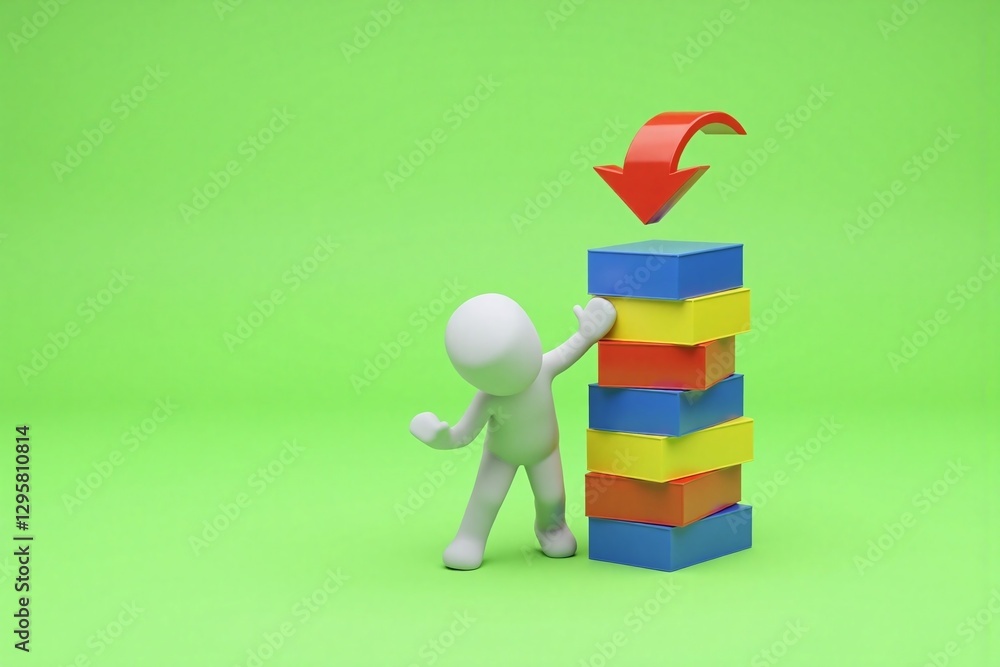 Small toy figure next to stack of colorful blocks green bg arrow Small toy figure next to stack of colorful blocks green bg arrow