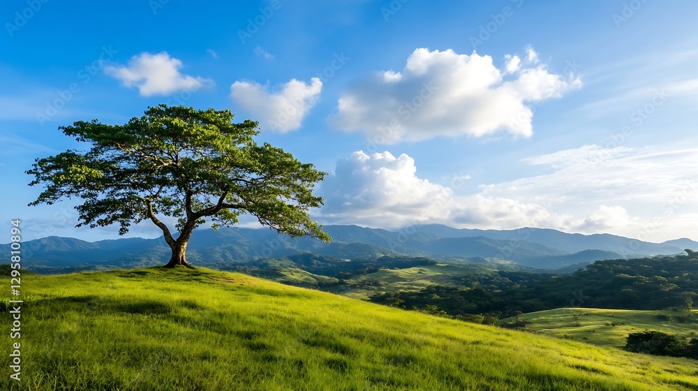 Fototapeta premium Stunning Green Tree Stands Majestically Against Blue Sky Scenic Mountain View : Generative AI