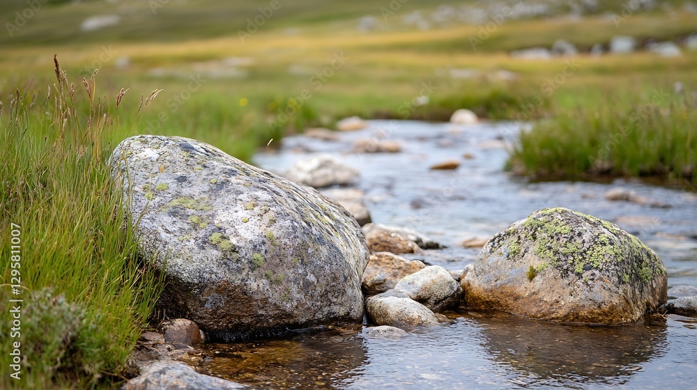 Tranquil Stream Flowing Over Large Rocks in a Natural Landscape : Generative AI Tranquil Stream Flowing Over Large Rocks in a Natural Landscape : Generative AI