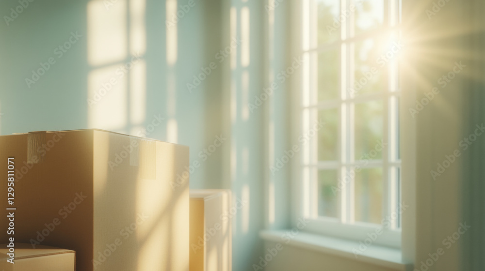 Fototapeta premium Sunlit boxes in empty room, moving, relocation, sunlight, unpacking, interior