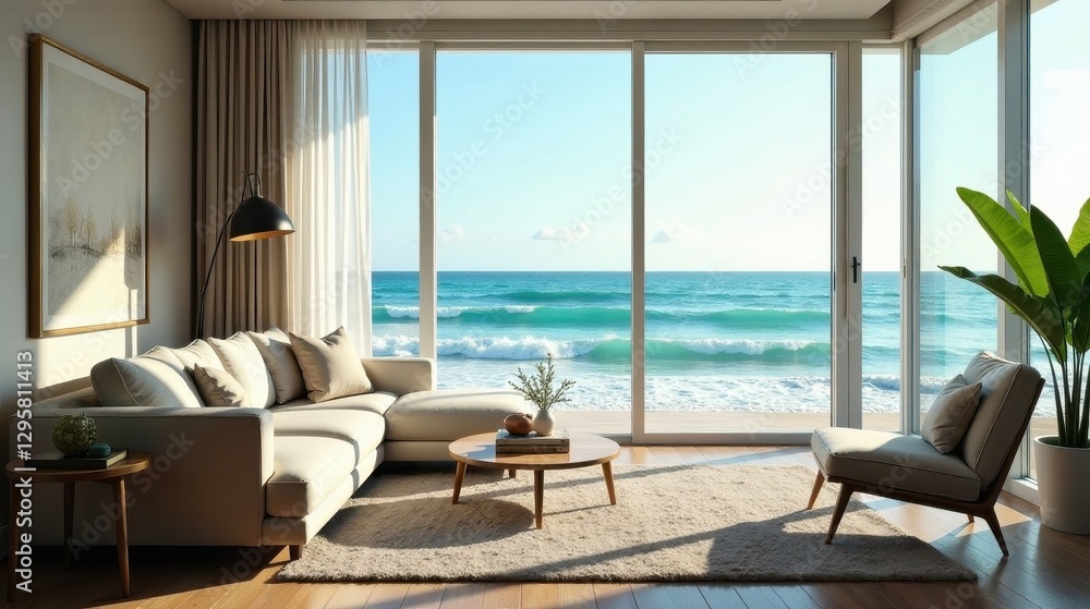 Fototapeta premium Coastal Living Room with Ocean View and Sunlight